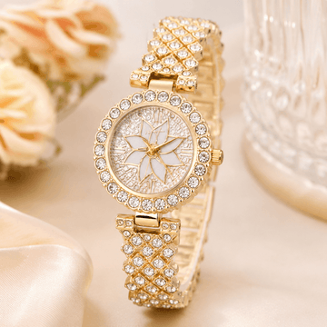 **Luxury Floral Crystal Watch for Women – Rhinestone Bracelet, Gold**
