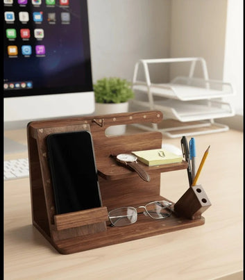 Wooden and Brass Desk Organizer & Mobile Docking Station